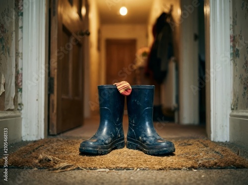 Children's Rubber Boots on Hallway Mat, Warm Tungsten Light, Domestic Night Scene