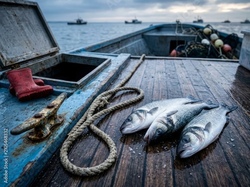 Freshly caught sea bass on a wet wooden fishing boat deck at dawn, marine life and fishing gear