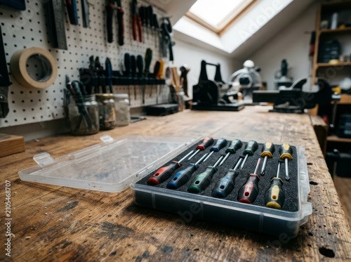 Screwdriver Set Organized on Workbench in Workshop, Ready for DIY Projects