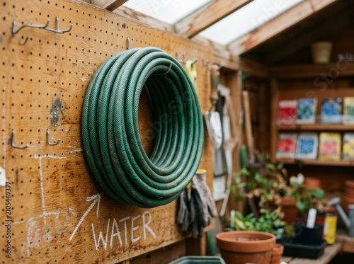 Green garden hose coiled on pegboard with chalk annotations in community shed, close-up texture