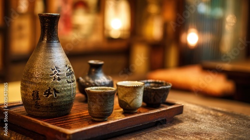Traditional japanese sake set with pottery bottle and drinking cups on a rustic wooden tray