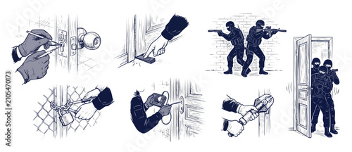 Foto Tactical entry line art set depicting SWAT officers breaching doors, lock picking, cutting padlocks, using hydraulic tools and scopes for security, law enforcement, crime, or tactical training vector