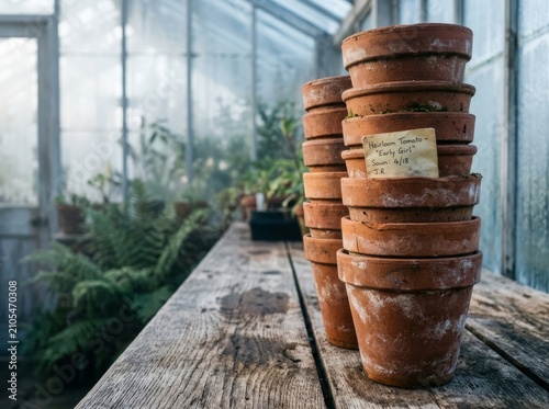 Terracotta Pots Stacked in Greenhouse for Seed Starting with Handwritten Label