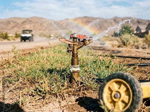 Desert Sprinkler System Watering Dry Landscape with Rainbow Haze