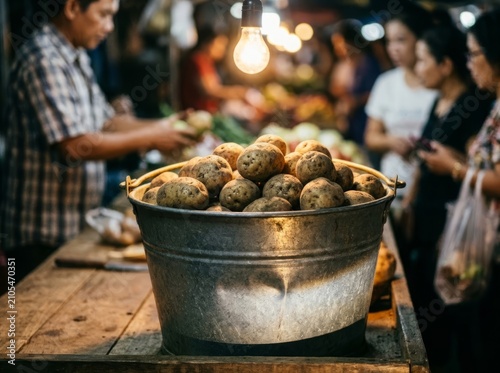 Fresh Potatoes in Dented Bucket at Night Market Stall Under Warm Light
