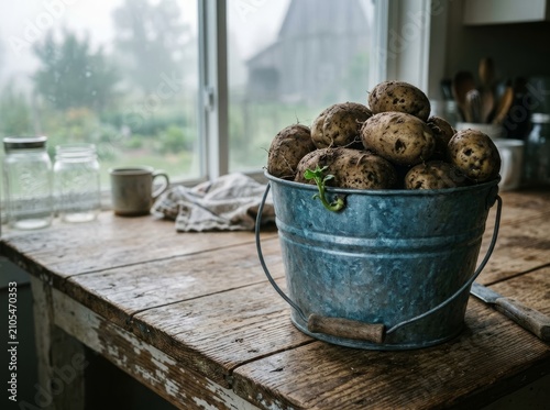Freshly Harvested Potatoes in Galvanized Bucket on Rustic Table, Foggy Morning Light