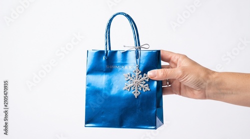 Hand holding shiny blue gift bag with silver snowflake ornament with holding metallic adorned silver celebration decoration background christmas