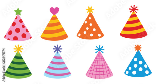 Set of colorful festive birthday party hats with different patterns birthday celebration colorful decoration accessory celebrate illustration