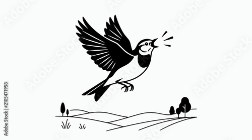 Fotografi Joyful bird flying over rolling hills singing with wings spread