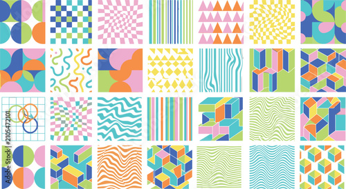 Collection of colorful abstract geometric patterns and memphis style shapes graphic design assets with abstract geometric colorful background creative illustration backdrop