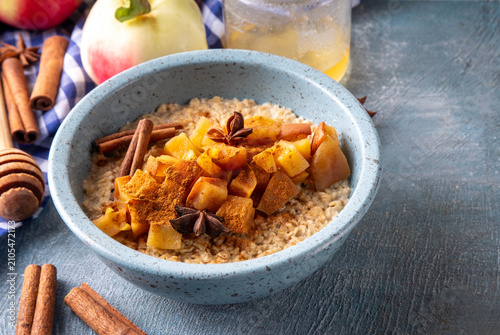 Autumn tasty breakfast Oatmeal Porridge with Apple and Cinnamon in bowl  top view. Healthy balanced morning meal  oats with baked apple