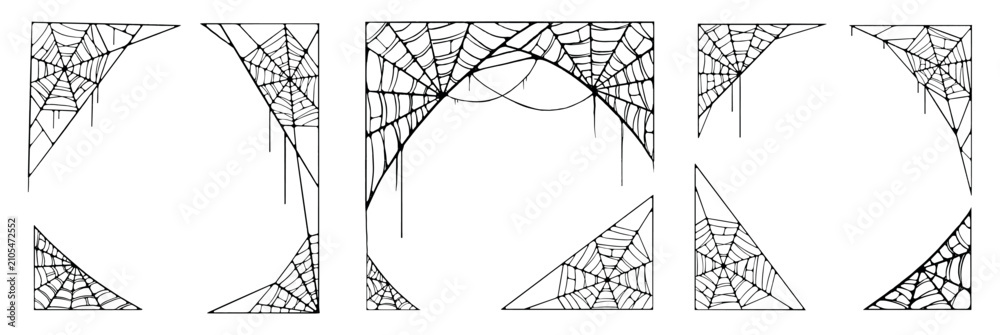 Obraz premium Halloween Spiderweb Corner Frame Set. Black gothic cobweb border collection with draping web decoration for spooky poster, card and holiday design