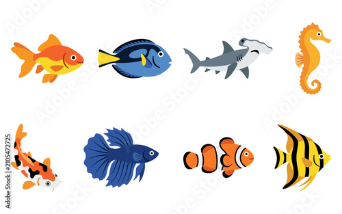 Tropical and aquarium fish icon collection with goldfish, clownfish, betta, shark, and seahorse