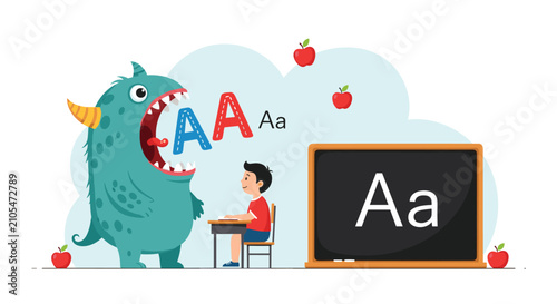 Young student learns the alphabet in a fun classroom setting with a giant friendly monster eating letters next to a chalkboard.