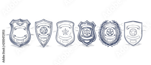 Police badge shield vector template set featuring vintage hand drawn sheriff star emblems with blank banners and heraldic design elements for security, law enforcement, and justice branding illustrati