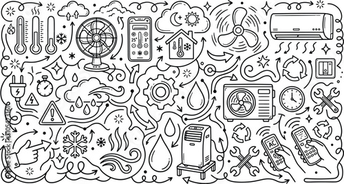 Quadro su tela Hvac and climate control system doodle icons set representing heating ventilatio