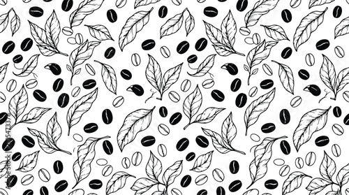 Bilde på lerret Seamless pattern of hand drawn coffee beans and leaves with caffeine background