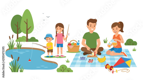 Foto A happy family enjoys a sunny day outdoors, participating in activities like picnicking and fishing by a calm pond surrounded by green trees