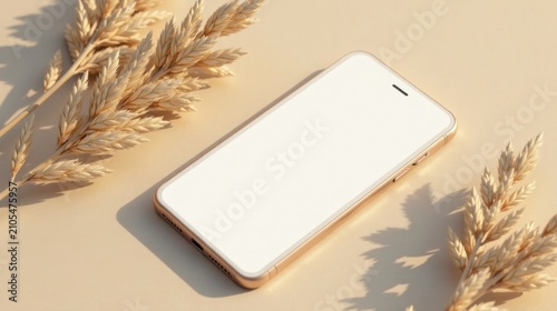 Elegant gold smartphone mockup with dried wheat sprigs on a neutral background, showcasing a blank screen for app display or website presentation