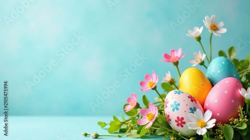 Pastel Easter Eggs Nestled Among Delicate Spring Blossoms on a Serene Aqua Background