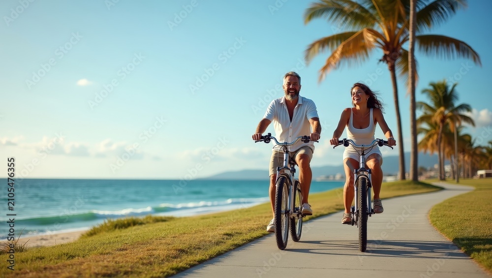 Fototapeta premium Happy couple riding bicycles along seaside path on sunny day. Summer vacation lifestyle with smiling man and woman enjoying freedom, nature and active leisure outdoors with scenic coastal view