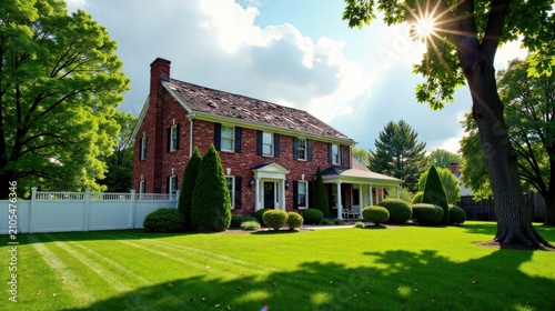 A brick home with a meticulously manicured lawn, bathed in the warm glow of the afternoon sun, stands proudly behind a pristine white fence.