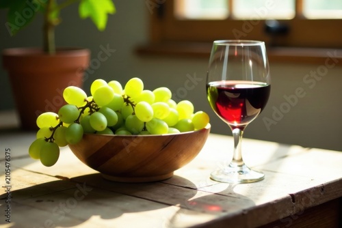 Sunlit Wooden Table with Fresh Green Grapes and a Glass of Red Wine