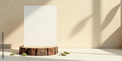 Blank Vertical Card Mockup on Wooden Slab with Subtle Leaf Accents and Soft Light Shadows