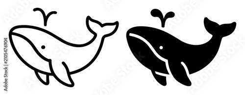 Canvastavla Black and white whale icons with water spout in simple line and silhouette style