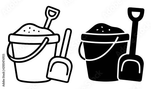 Black and white outline and silhouette of a bucket filled with sand and shovel on transparent background