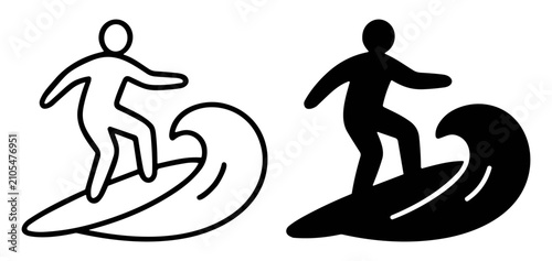 Photography Black and white surfing icons showing a person riding a wave on a surfboard in s