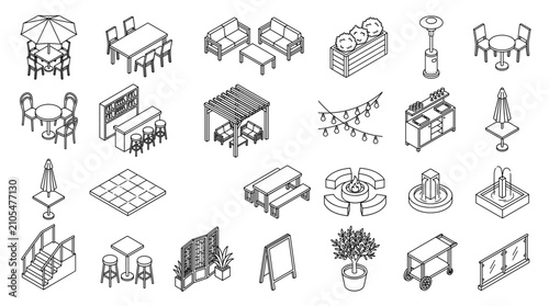 Isometric Outdoor Furniture and Cafe Elements Set