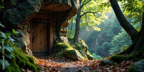 Mysterious Woodland Entrance Ancient Stone Doorway Concealed within Mossy Grotto, Bathed in Sunlight Filtering Through Lush Canopy
