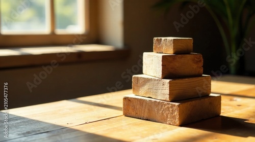 Wooden blocks arranged in a pyramid shape, bathed in sunlight on a wooden surface near a window