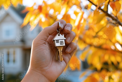 House Keys. Keys from new housing, dwellings among blurred real estate, apartment building. Relocation. Open entrance door, house shaped keychain. Door Keyring. Real estate, agent, insurance, property