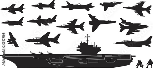Fotografía Military Aircraft Carrier Silhouette with Fighter Jets and Soldiers for Defense