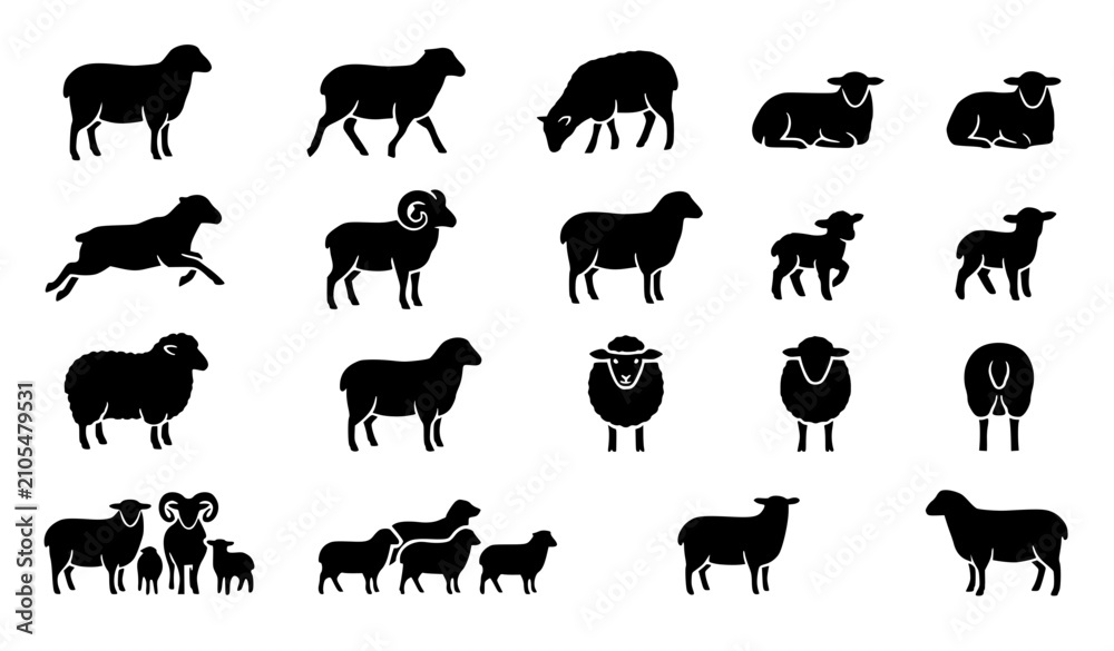 Fototapeta premium Sheep Silhouette Icon Set – Farm Animal and Livestock Vector Collection