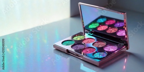 A shimmering palette of vibrant, multifaceted eye shadows in a rose gold compact, reflecting iridescent light on a sleek surface.