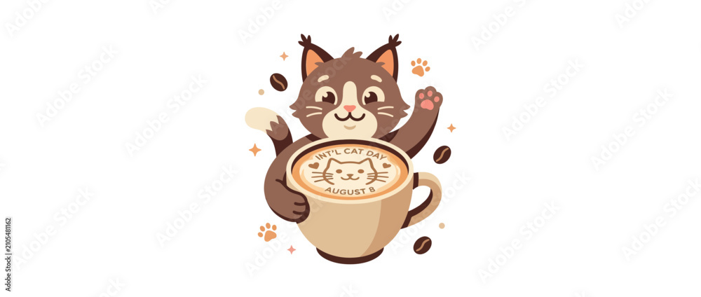 Fototapeta premium Cute cartoon cat holding coffee cup with latte art
