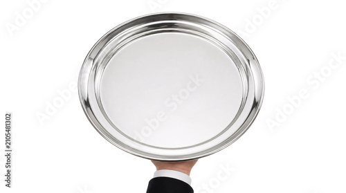 Waiter hand holding silver tray isolated on transparent background