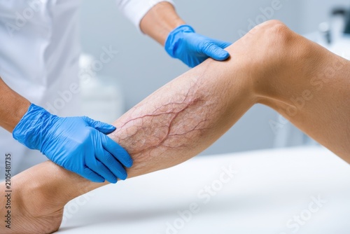 Phlebologist examines a patient with varicose veins on his leg. Leg pain. Phlebology. Venous pathologies of the lower extremities. Human vessel, arteries. Capillaries. Blood system. Health legs