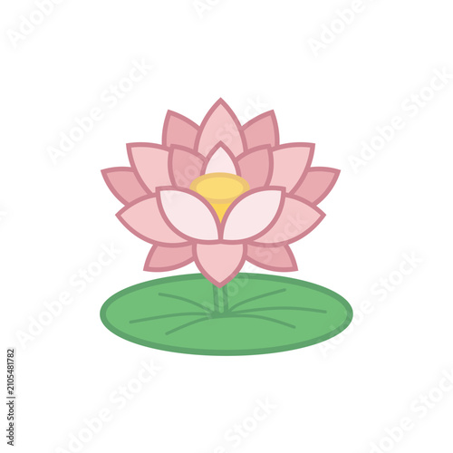 Minimalist lotus flowers in flat design style. Pink lotus flowers and green lily pads flat vector illustration. Pink lotus flower flat vector illustration