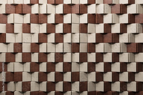 Abstract wall texture consisting of repeating three dimensional wooden blocks in alternating light beige and dark brown colors in a grid