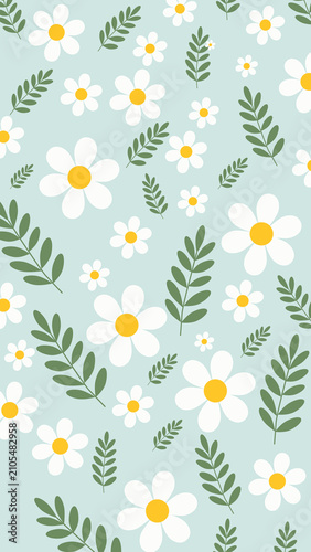 Cute Daisy Floral and Green Leaves Seamless Pattern on Light Blue Background