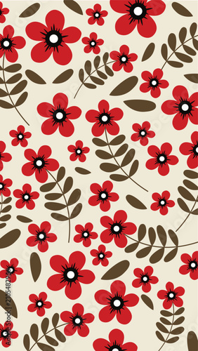 Retro Red Floral and Brown Leaves Seamless Pattern on Cream Background