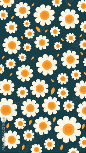 Retro Daisy Floral Seamless Pattern on Dark Teal Background