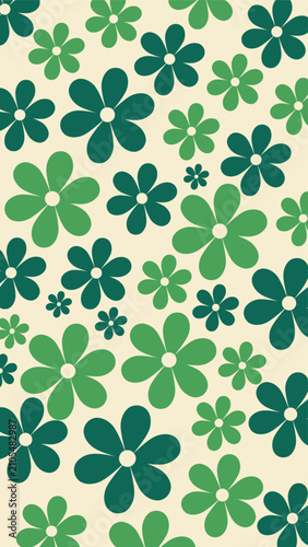 Retro Green Floral Seamless Pattern on Cream Background