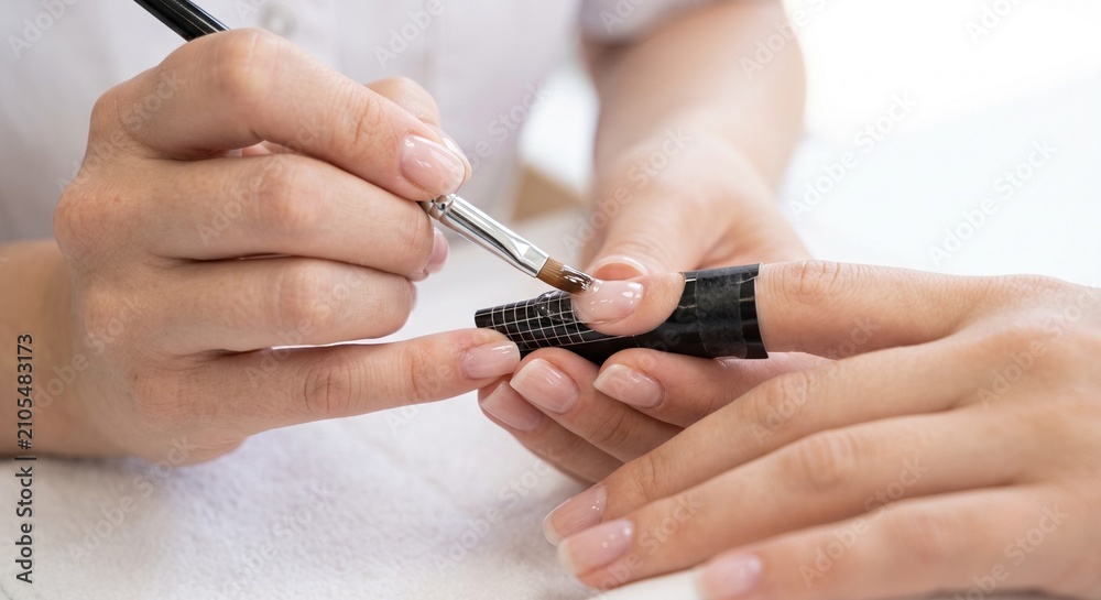 Fototapeta premium Close up of manicurist applying builder gel using paper form nail extension template