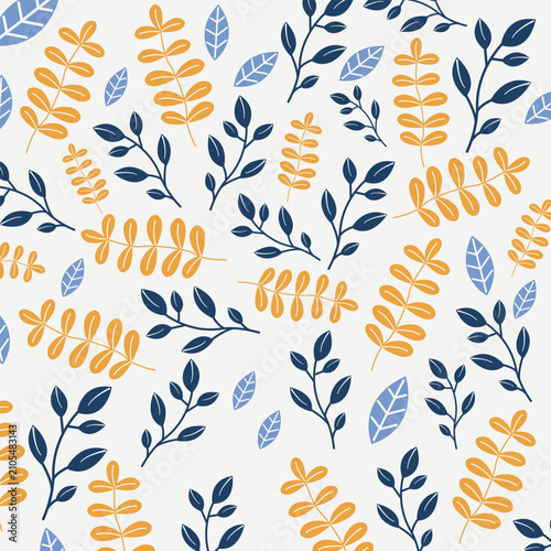 Minimalist Scandinavian Floral Seamless Pattern with Navy Blue and Mustard Yellow Leaves
