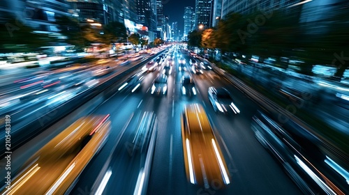Urban street traffic creating light trails during a fast paced night, conveying concepts of speed, modern transportation, and dynamic city life through its motion blur